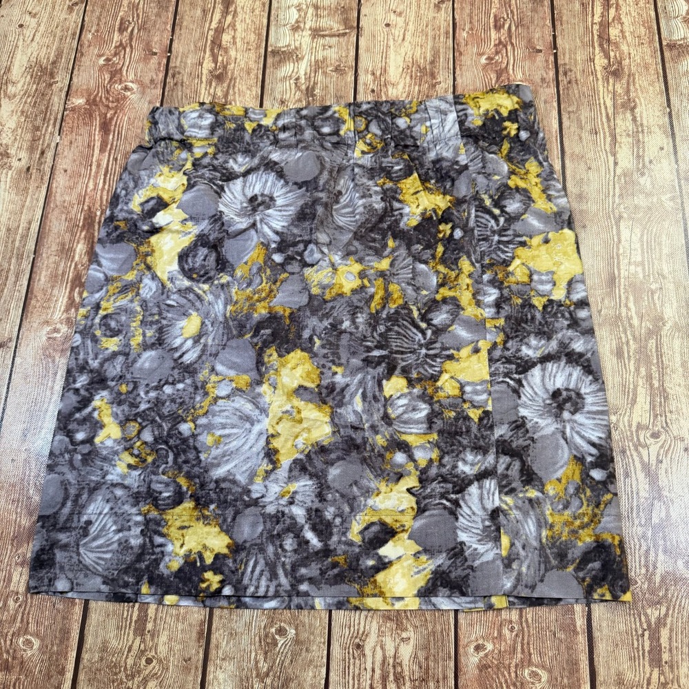 Talbots Floral Straight Skirt Womens 8 Petites Gray Yellow Stretch Cotton